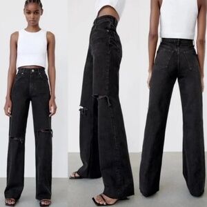 Zara Black Wide Leg Jeans with Distressed Knees & Raw Hem
